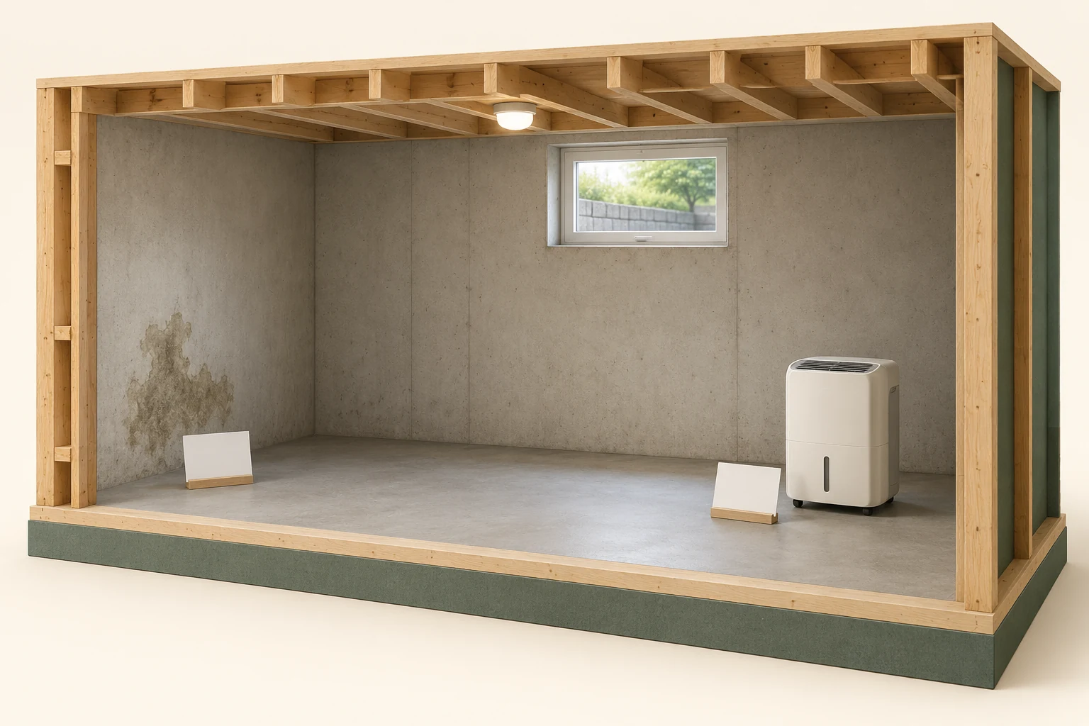 Fictional skeleton lower-level room with a closed dehumidifier on a dry illustrated floor, a discoloured wall patch and two blank record cards