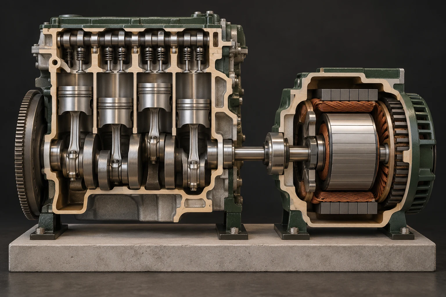Detached teaching section through a generic multi-cylinder engine, shaft and alternator with rotor and surrounding windings.