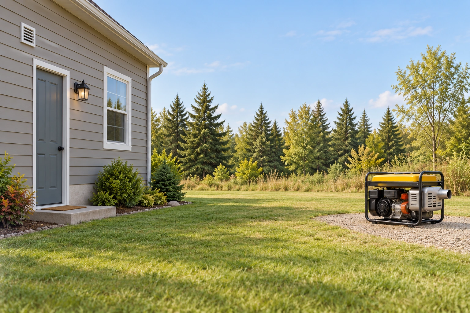 An open-air generator concept is separated from a house with openings, without dimensions or connected cords.