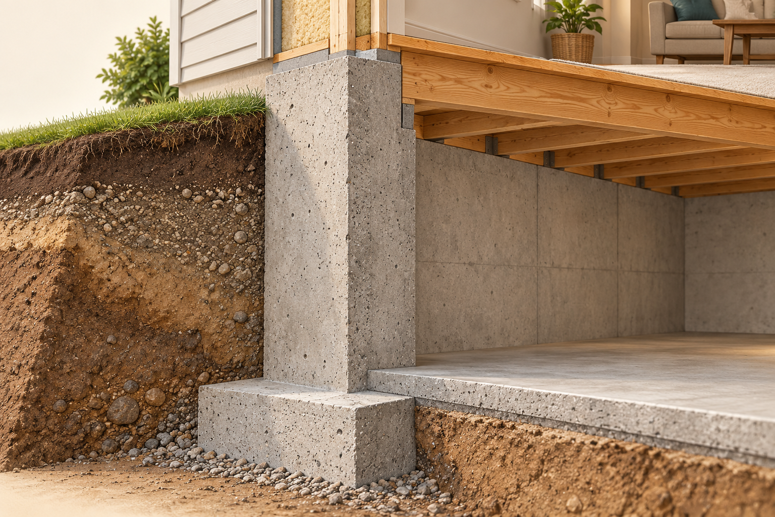 Illustrative house-edge cutaway showing a concrete wall on a wider footing, a separate thin basement floor slab and timber framing beneath a room above.