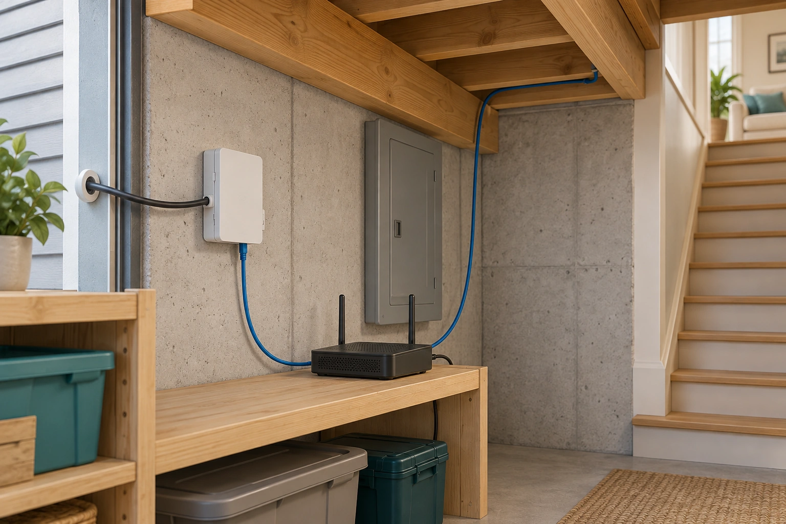 A closed wall box connects visibly to a router, while another communications lead continues beyond the frame. The two jobs help explain how an outside service becomes a local network.