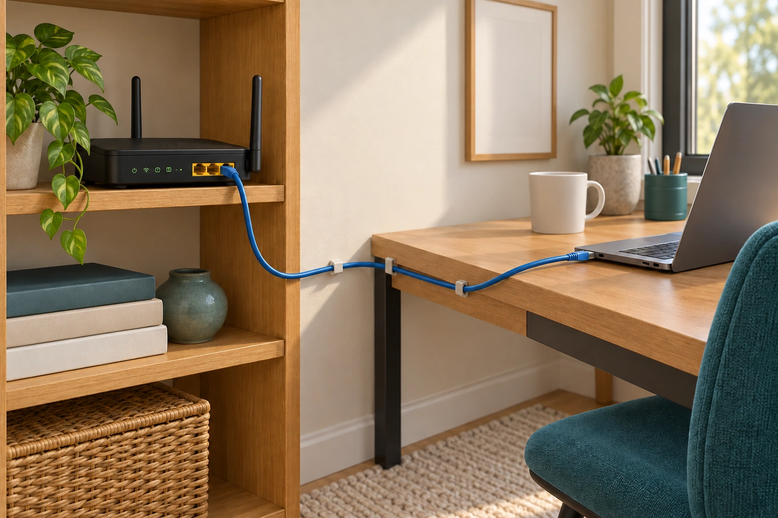 One continuous visible communications cable links the closed router and laptop along the desk. This local physical path differs from Wi-Fi while keeping the provider and destination as outside dependencies.