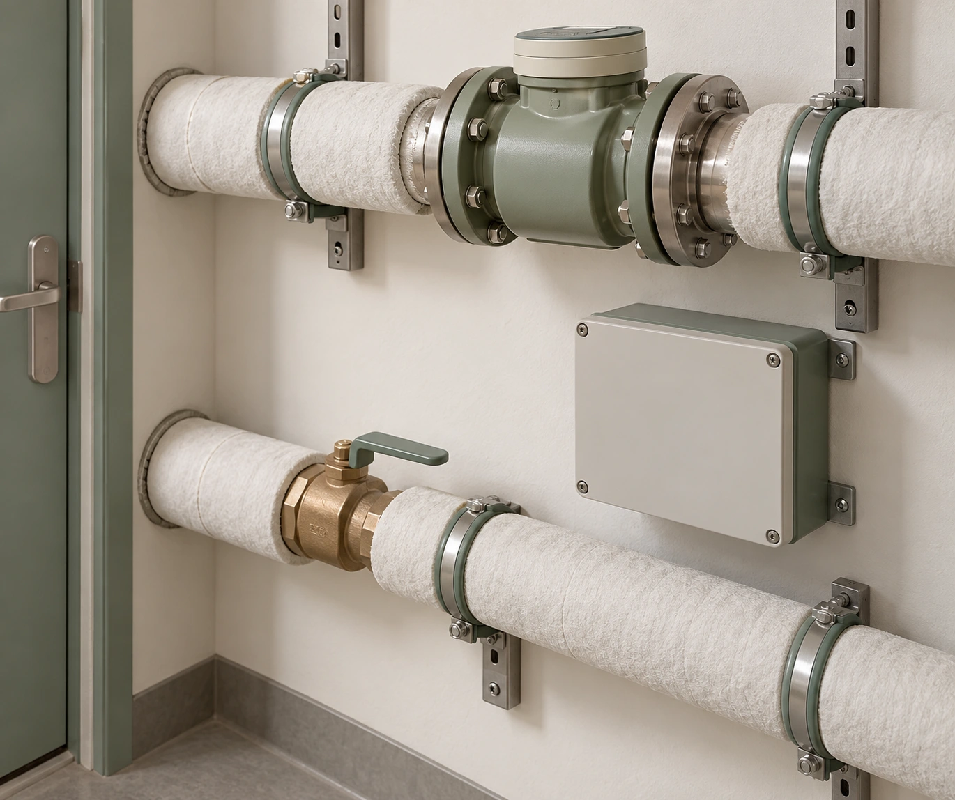 Sealed generic pipe-mounted instrument and closed box; image does not establish complete thermal-meter sensors, measured quantity, readings or installed specification.
