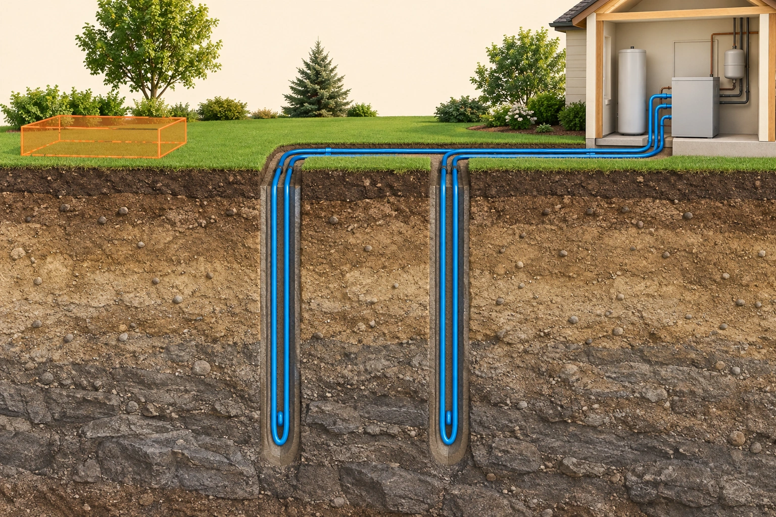 Boreholes and headers need their actual location records. The two blue U-shaped borehole loops connect toward equipment through near-surface routes. The orange outline marks a fictional proposed change, showing why both loop and header locations belong in a yard-work enquiry.