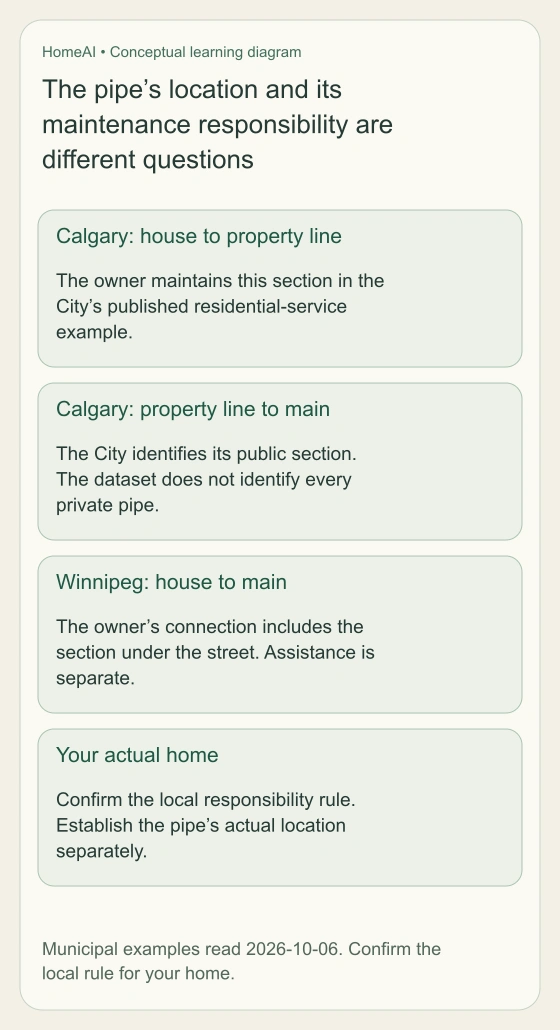 Four labelled panels compare Calgary’s house-to-property-line section, Calgary’s property-line-to-main section, Winnipeg’s house-to-main connection and questions for the actual home. They distinguish local maintenance responsibility from evidence of the pipe’s location.