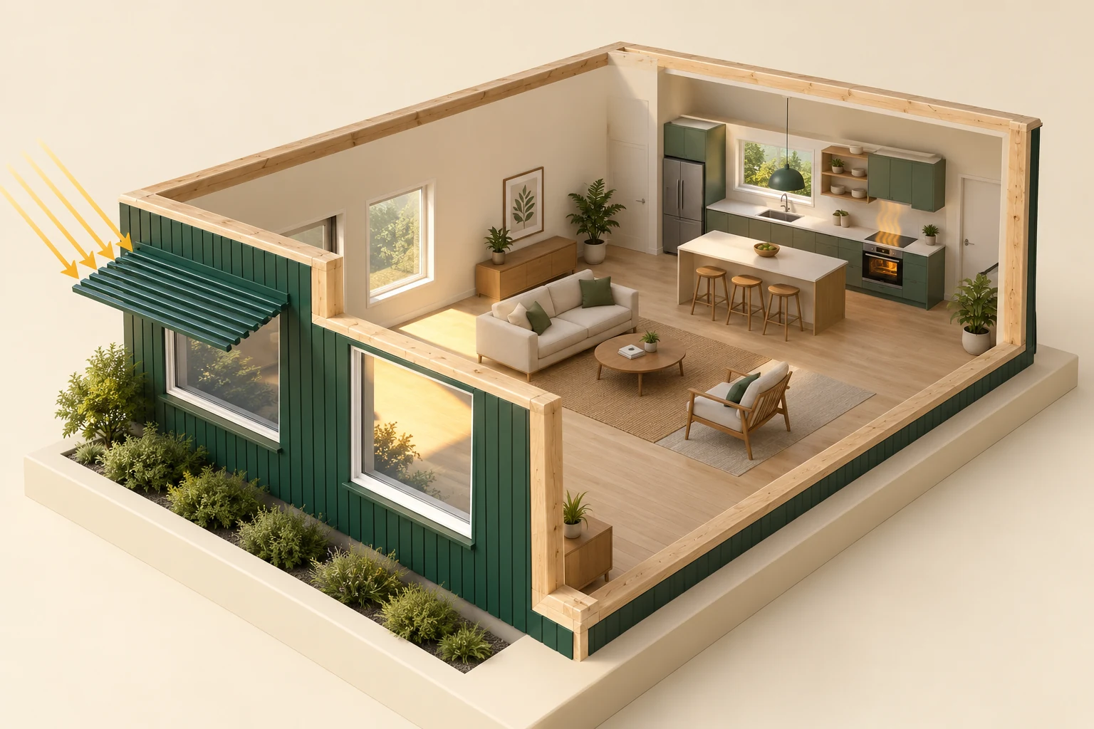 3D timber living-room and kitchen cutaway with an exterior blade shade, a separate sunlit window, cooking heat marks and a pendant lamp.