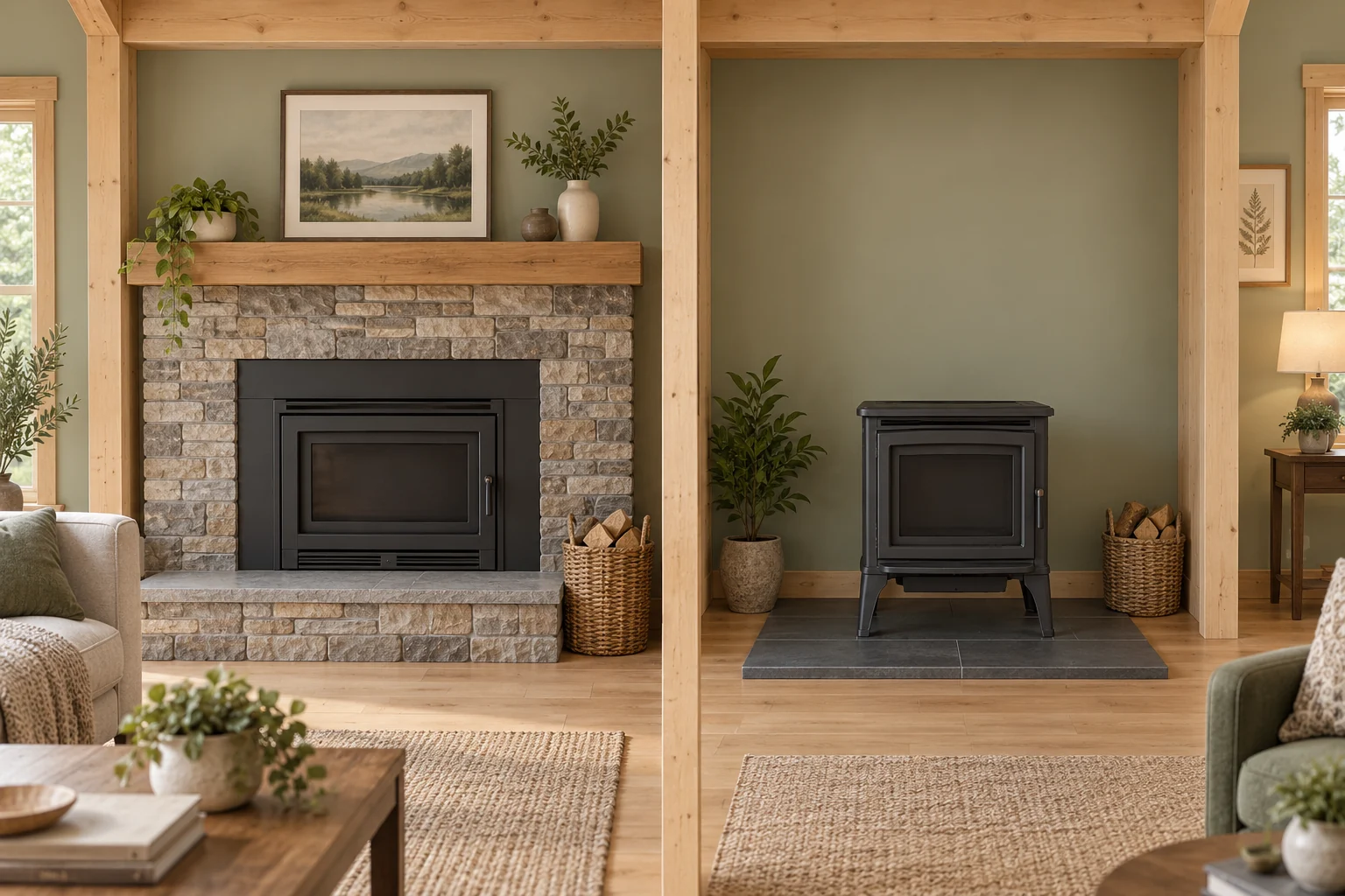 Two conceptual timber room bays compare a closed metal appliance within a masonry fireplace opening on the left and a separate closed free-standing wood stove on the right. Connecting venting routes are omitted.